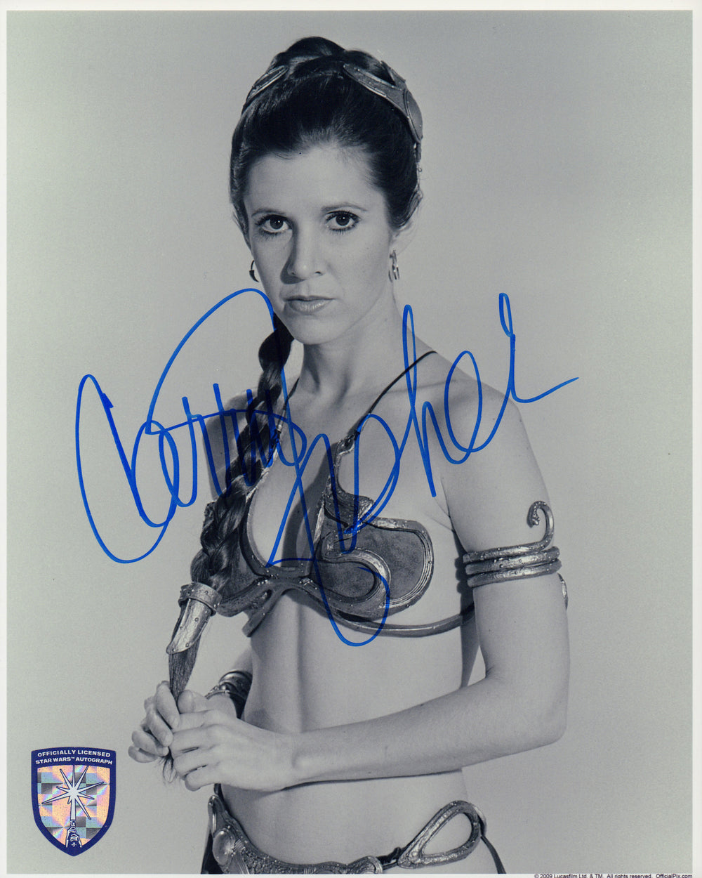 Carrie Fisher as Slave Princess Leia in Star Wars: Return of the Jedi (Official Pix Lightsaber Shield) Signed 8x10 Photo