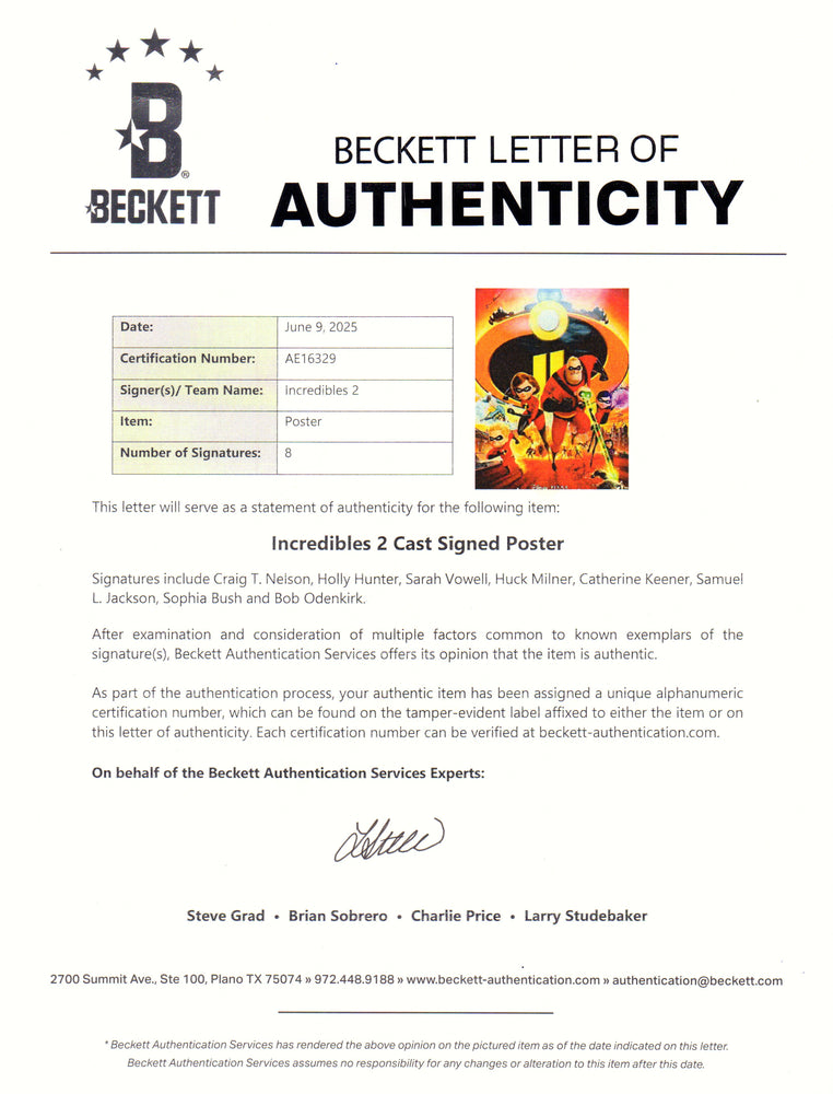 
                  
                    Incredibles 2 Disney Pixar 27x40 Poster (Beckett) Cast Signed by Craig T. Nelson, Holly Hunter, Sarah Vowell, Huck Milner, Catherine Keener, Samuel L. Jackson, Sophia Bush, & Bob Odenkirk
                  
                