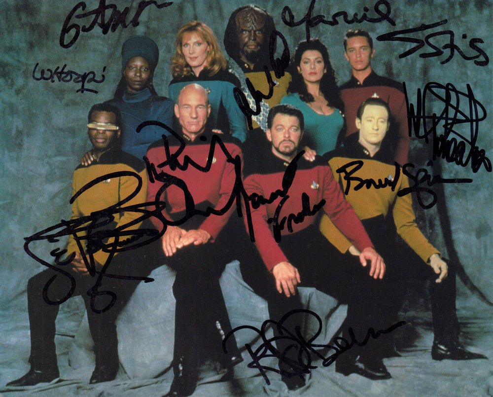 Star Trek: The Next Generation 8x10 Photo Cast Signed by Patrick Stewart, Jonathan Frakes, Brent Spiner, Michael Dorn, Levar Burton, Marina Sirtis, Gates McFadden, Whoopi Goldberg, Wil Wheaton, & Rick Berman