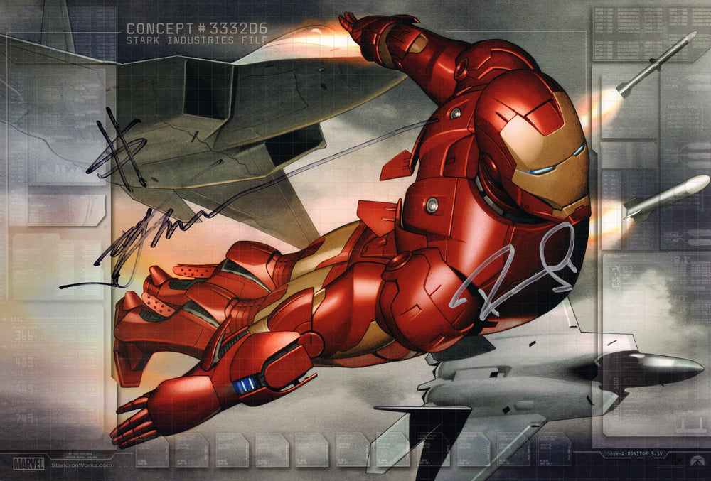 Robert Downey Jr. as Tony Stark / Iron Man and Jon Favreau Director of Iron Man Signed 13.5x20 San Diego Comic Con 2007 Concept Art Poster