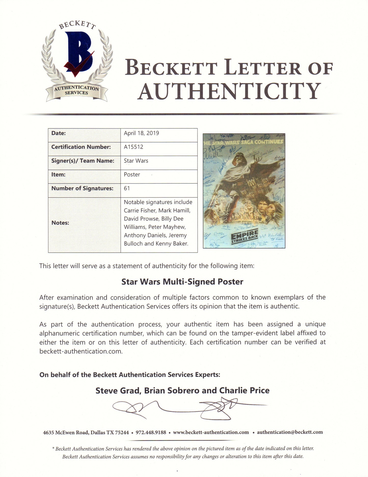 
                  
                    Star Wars: The Empire Strikes Back 26x40 Poster Cast Signed by George Lucas, John Williams, Harrison Ford, Carrie Fisher, Mark Hamill, Irvin Kershner, Frank Oz, Peter Mayhew, Anthony Daniels, Kenny Baker, James Earl Jones, Dave Prowse, Bob Anderson & More
                  
                