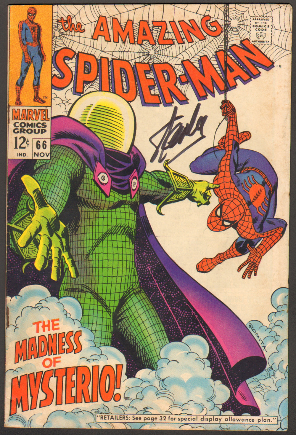 The Amazing Spider-Man #66 Comic Book - Mysterio Appearance and Green Goblin Cameo (VG/VG+) 1968 Signed by Stan Lee