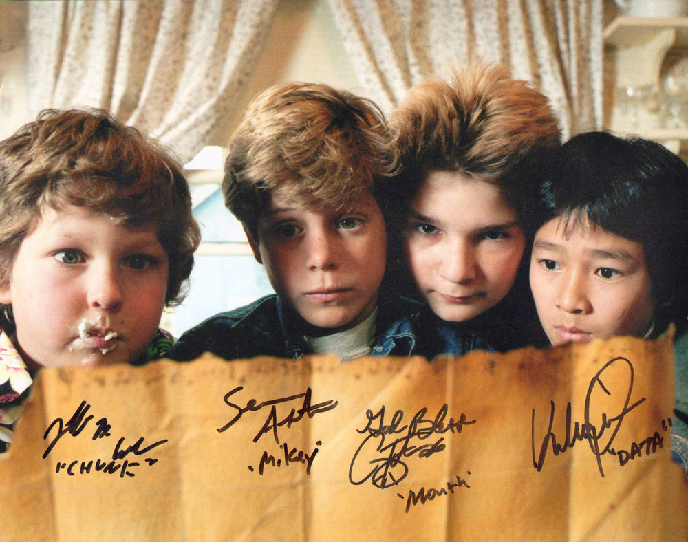 The Goonies 11x14 Photo Cast Signed By Sean Astin, Corey Feldman, Ke Huy Quan, and Jeff Cohen