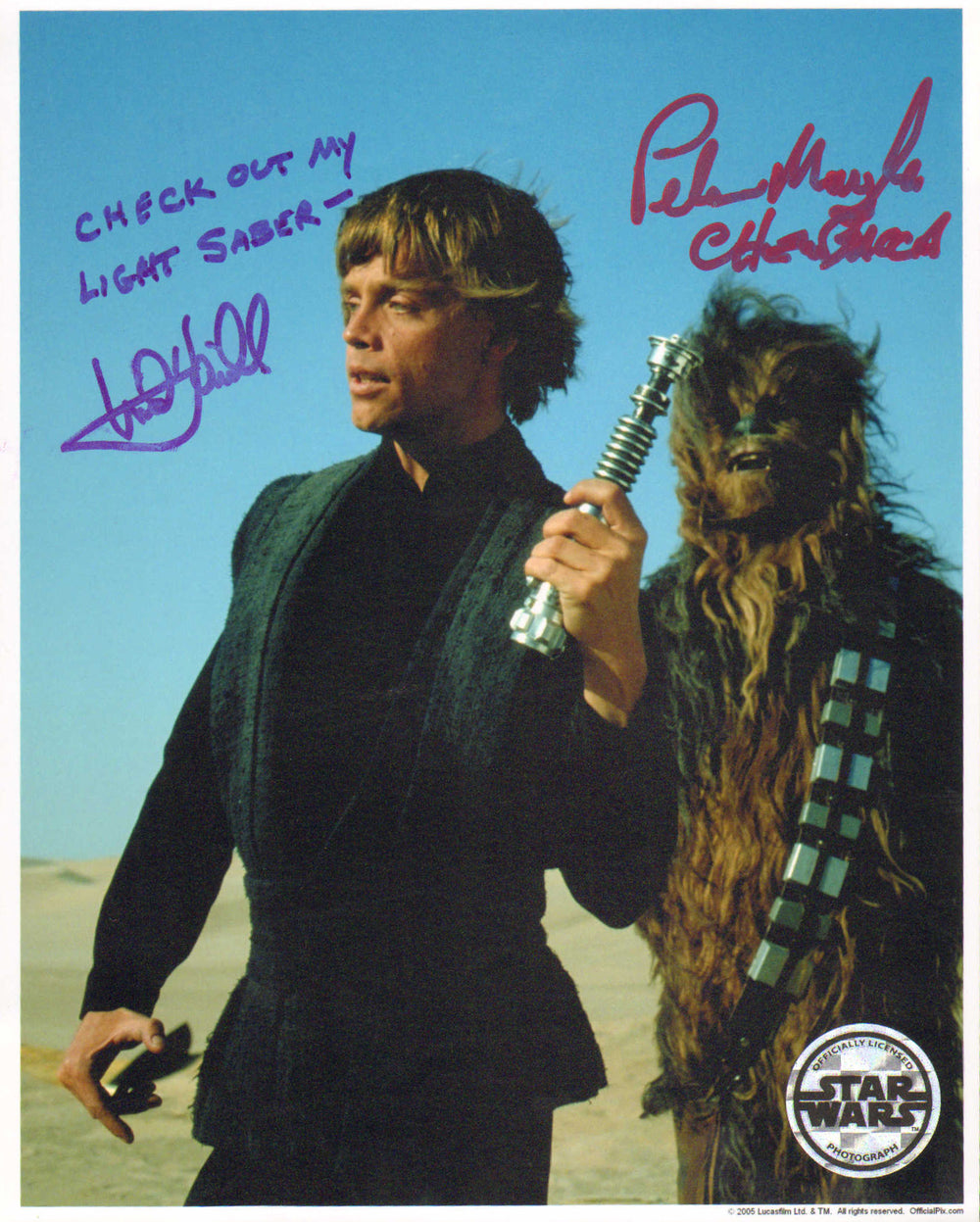 Mark Hamill as Luke Skywalker and Peter Mayhew as Chewbacca in Star Wars: Return of the Jedi (Official Pix) Signed 8x10 Photo with Funny Quote