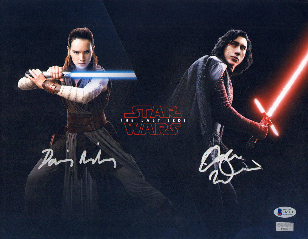Daisy Ridley as Rey & Adam Driver as Kylo Ren in Star Wars: The Last Jedi (Beckett Witnessed / Celebrity Authentics) Signed 11x14 Photo