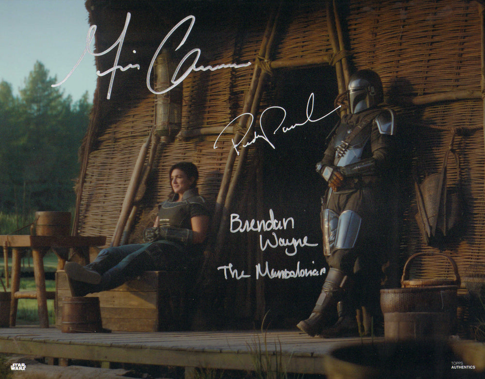 Pedro Pascal and Brendan Wayne as The Mandalorian and Gina Carano as Cara Dune in Star Wars: The Mandalorian (Topps) Signed 11x14 Photo