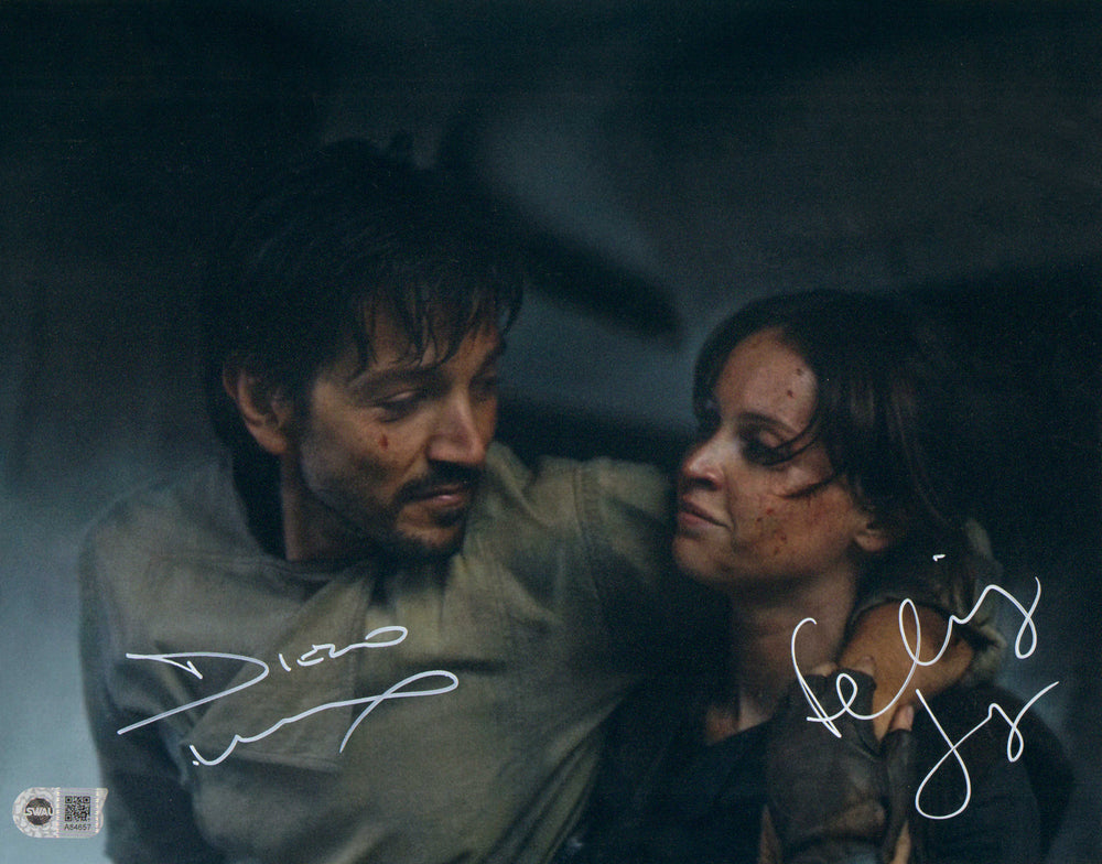 Diego Luna as Cassian Andor & Felicity Jones as Jyn Erso in Rogue One: A Star Wars Story (SWAU) Signed 11x14 Photo