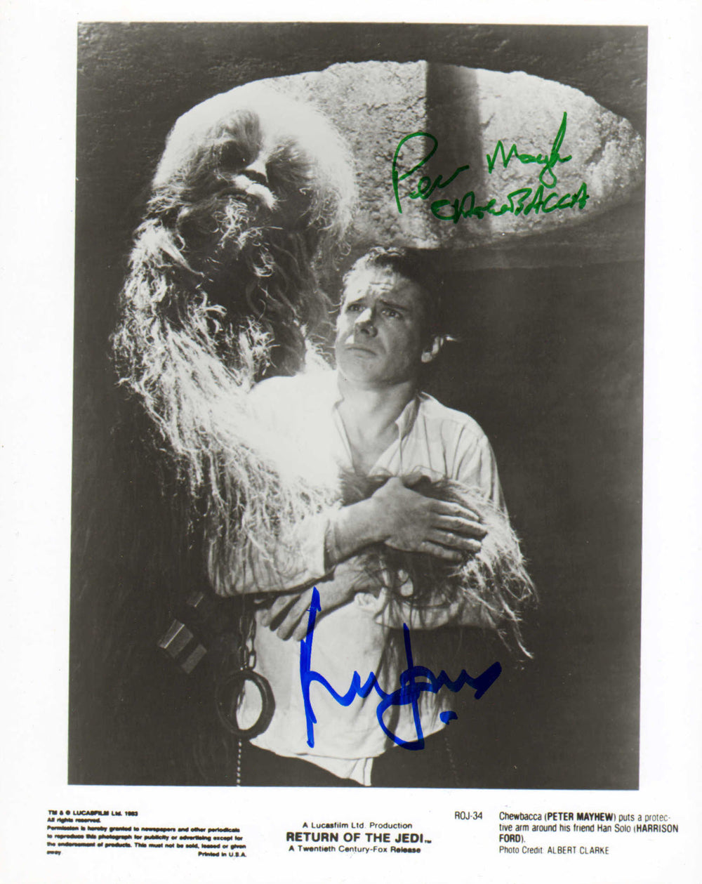 Harrison Ford as Han Solo & Peter Mayhew as Chewbacca in Star Wars: Return of the Jedi Signed 8x10 Photo with Character Name