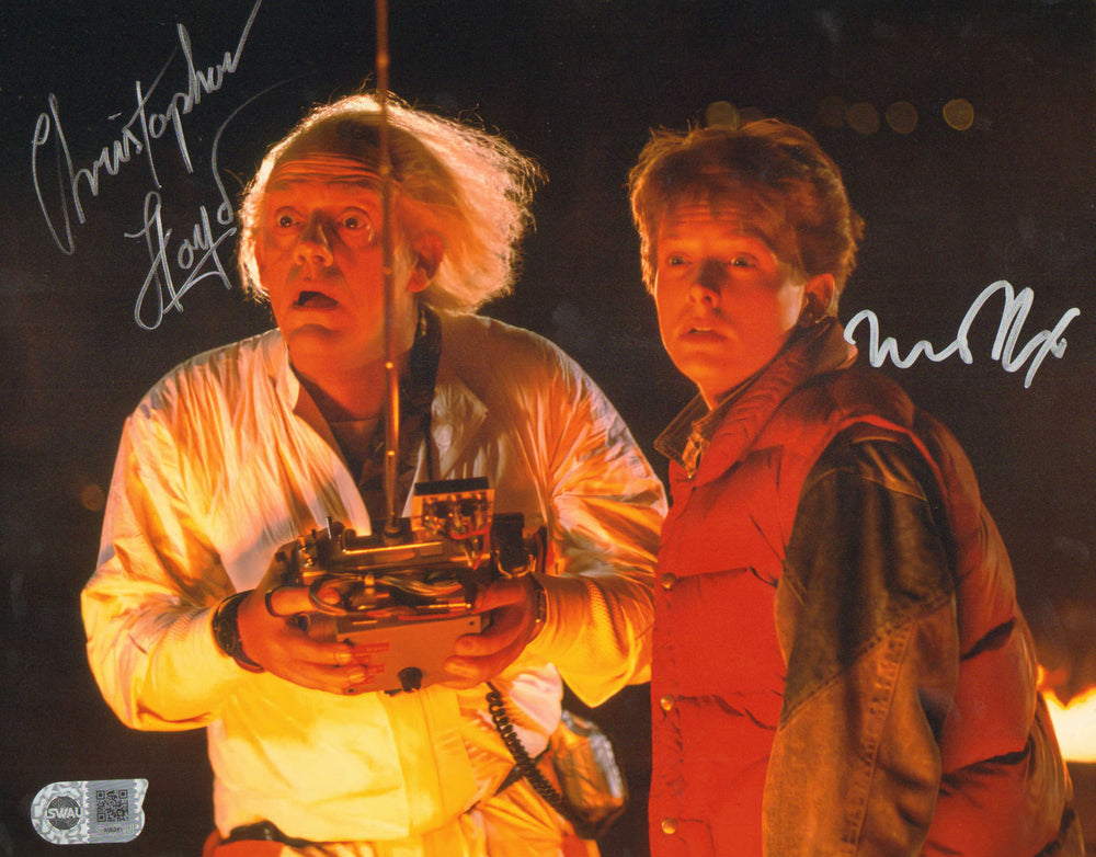 Christopher Lloyd as Doc Brown and Michael J. Fox as Marty McFly in Back to the Future (Official Pix/SWAU) Signed 11x14 Photo