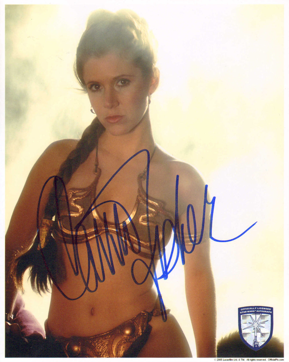 Carrie Fisher as Slave Princess Leia in Star Wars: Return of the Jedi (Official Pix Lightsaber Shield) Signed 8x10 Photo