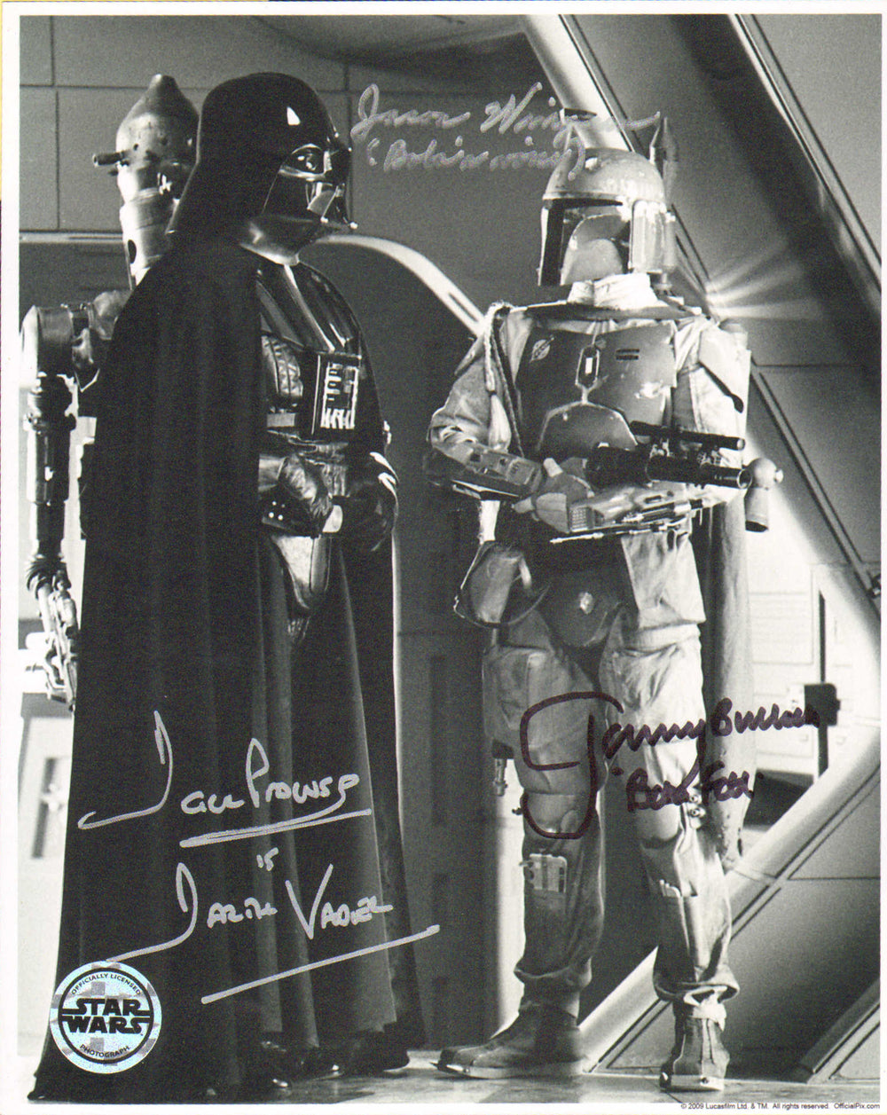 Jason Wingreen and Jeremy Bulloch as Boba Fett with Dave Prowse as Darth Vader in Star Wars: The Empire Strikes Back (Official Pix) Signed 8x10 Photo