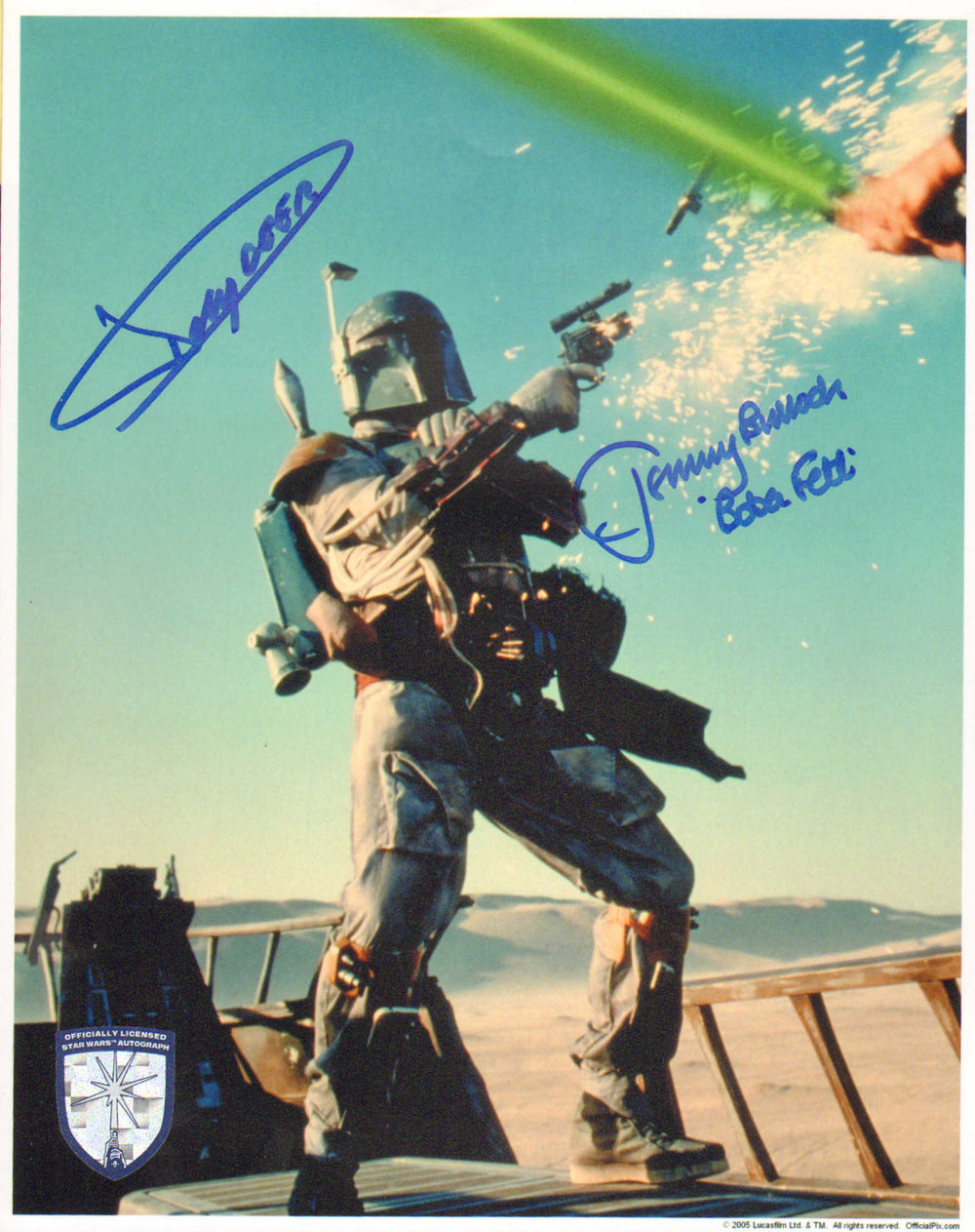Jeremy Bulloch and Dickey Beer as Boba Fett in Star Wars: Return of the Jedi (Official Pix Lightsaber Shield)Signed 8x10 Photo with Character Name