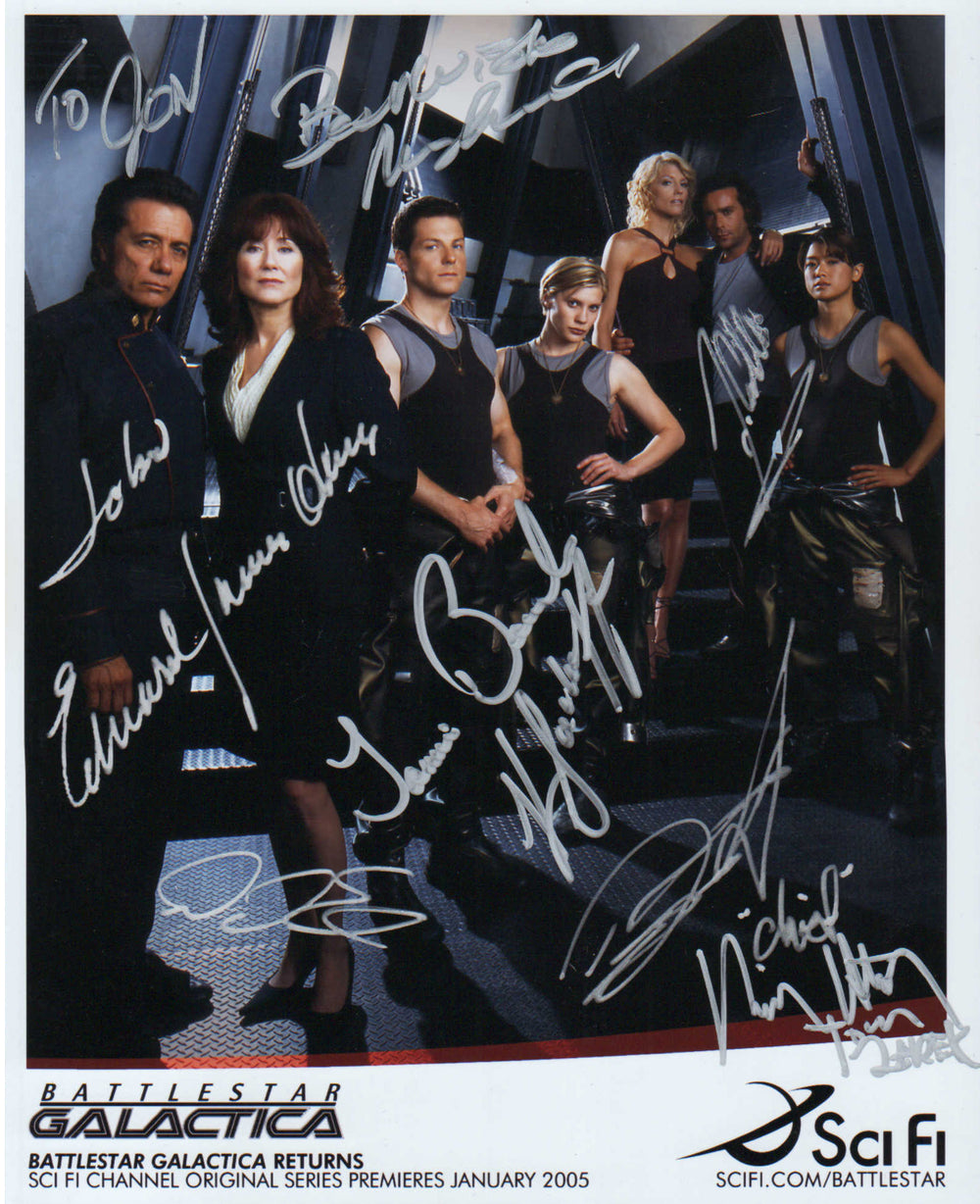 Battlestar Galctica Returns 8x10 Photo Signed by Edward James Olmos, Mary McDonnell, David Eick, Jamie Bamber, Katie Sackhoff, James Callis, Aaron Douglas, and Richard Hatch