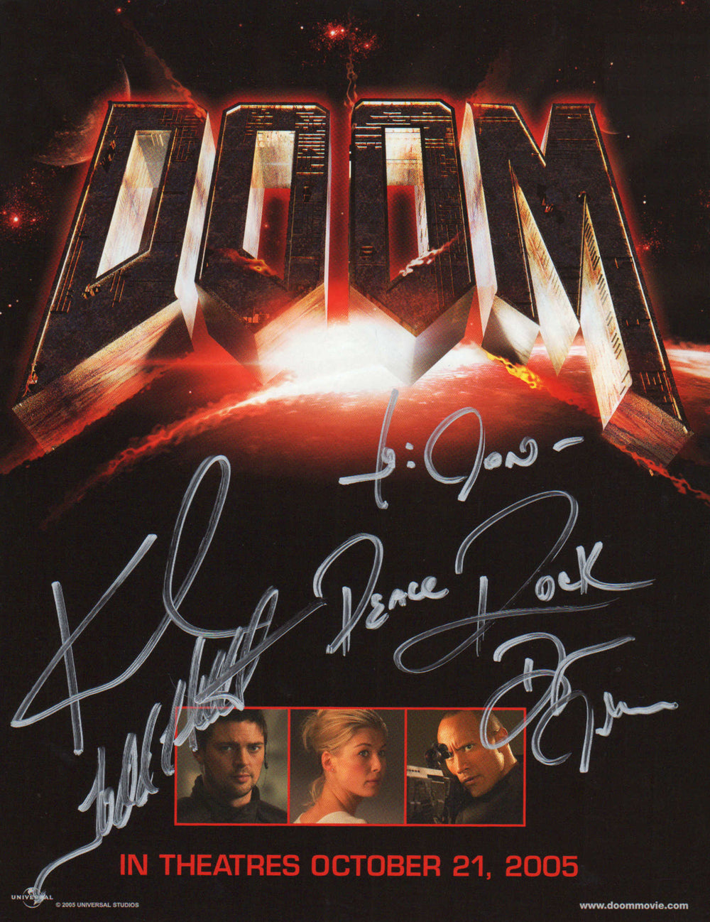 Doom 8.5x11 Photo Signed by Karl Urban, Todd Hollenshead, and Dwayne 