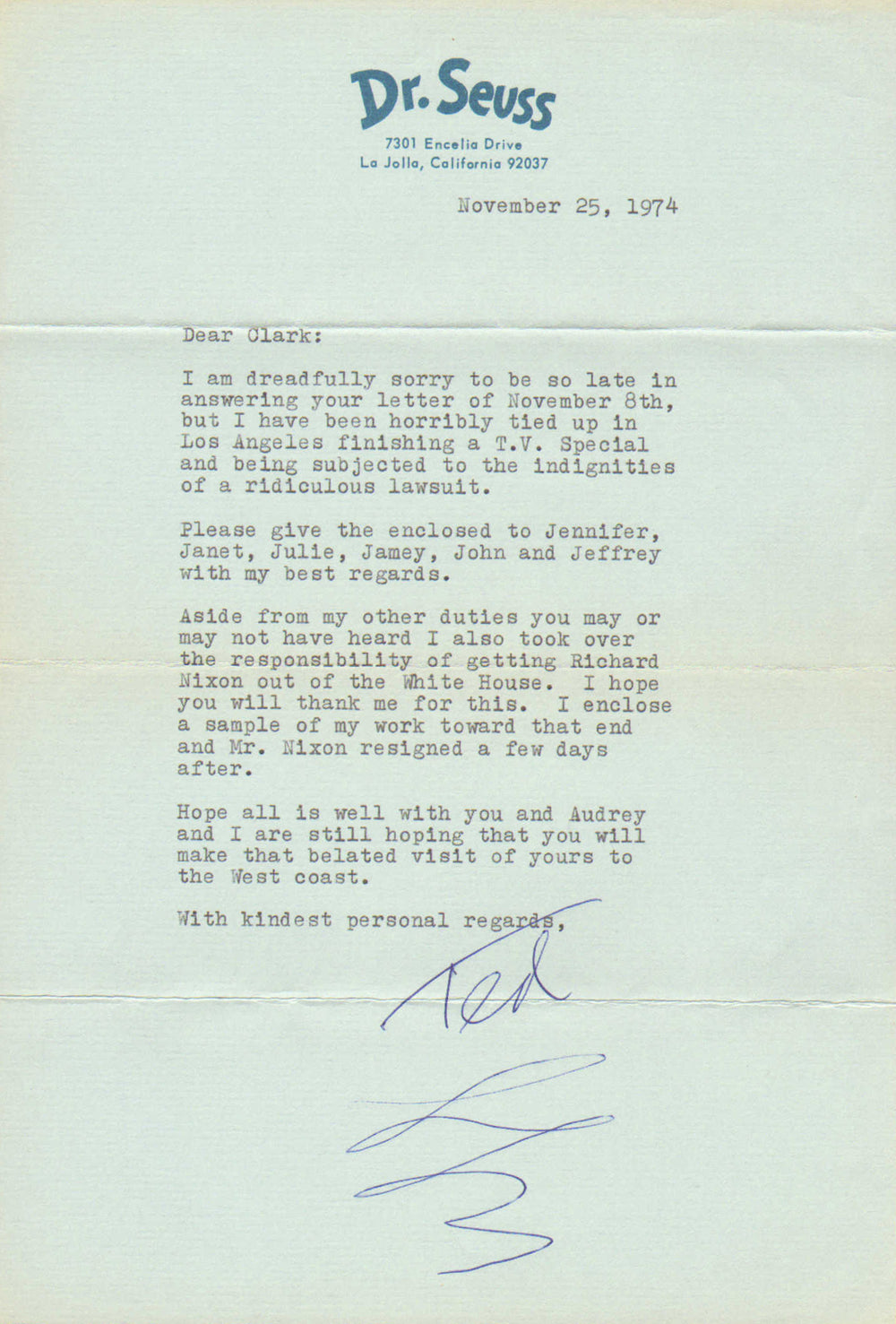 Dr. Seuss Creator of Horton Hears a Who!, The Cat in the Hat, & How the Grinch Stole Christmas! Signed Personal 7