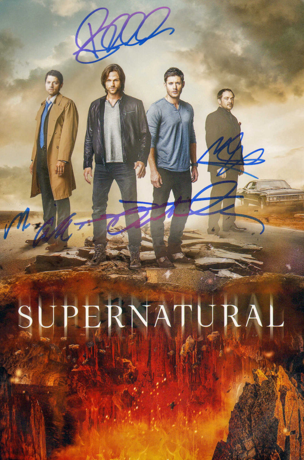 Jared Padelecki as Sam Winchester, Jensen Ackles as Dean Winchester, Misha Collins as Castiel, & Mark Sheppard as Crowley in Supernatural Signed 8x12 Photo