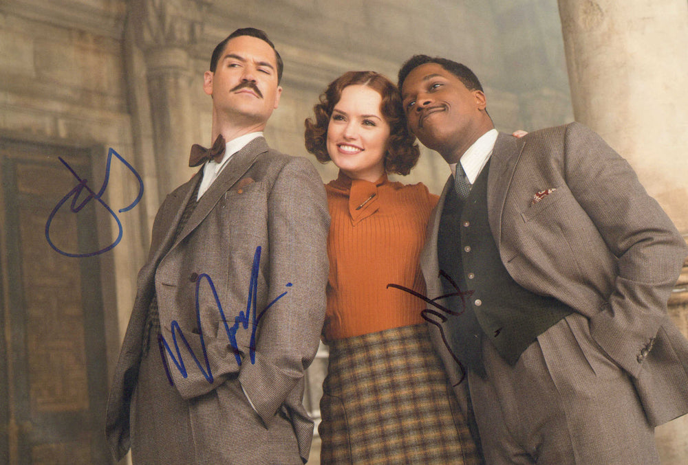Daisy Ridley as Miss Mary Debenham, Leslie Odom Jr. as Dr Arbuthnot, & Manuel Garcia-Rulfo as Biniamino Marquez in Murder on the Orient Express Signed 8x12 Photo