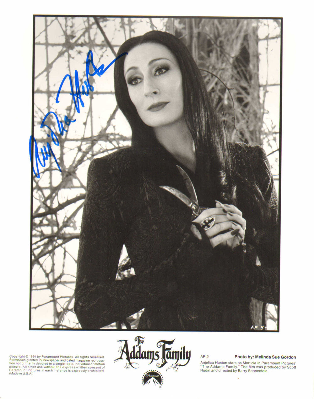 Anjelica Huston as Morticia Addams in The Addams Family Signed 8x10 Press Photo