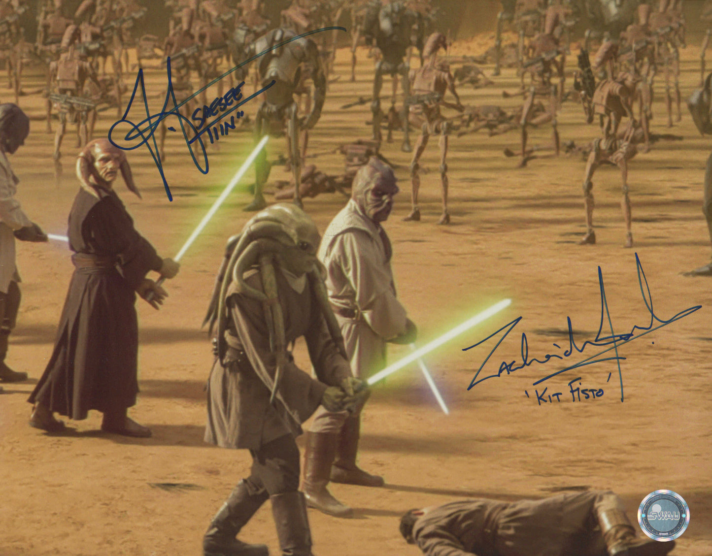 
                  
                    Jesse Jensen as Saesee Tiin and Zachariah Jensen as Kit Fisto in Star Wars Episode II: Attack of the Clones (SWAU Witnessed) Signed 11x14 Photo
                  
                