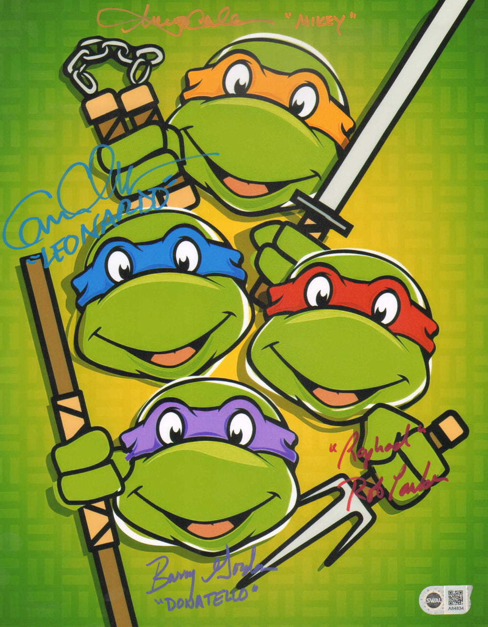 Cam Clarke as Leonardo, Barry Gordon as Donatello, Townsend Coleman as Mikey & Rob Paulsen as Raphael  Teenage Mutant Ninja Turtles The Animated Series (SWAU) Signed 11x14 Mini Poster with Characters Name