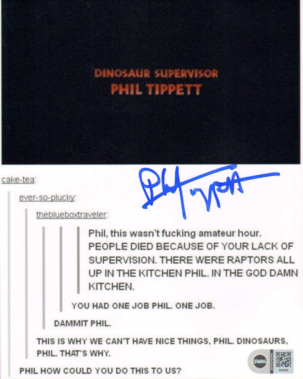 Phil Tippett as the Dinosaur Supervisor in Jurassic Park (SWAU) Signed 8x10 Photo