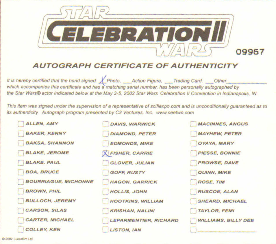 
                  
                    Carrie Fisher as Slave Princess Leia in Star Wars: Return of the Jedi (Official Pix Celebration II) Signed 8x10 Photo
                  
                