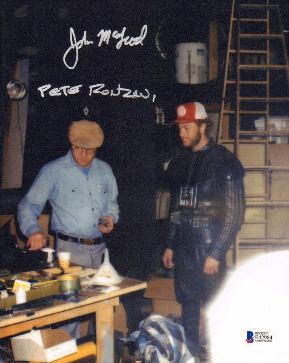 Pete Ronzani & John McLeod in Darth Vader's Costume Behind the Scenes of Star Wars: Return of the Jedi (Beckett) Signed 8x10 Photo