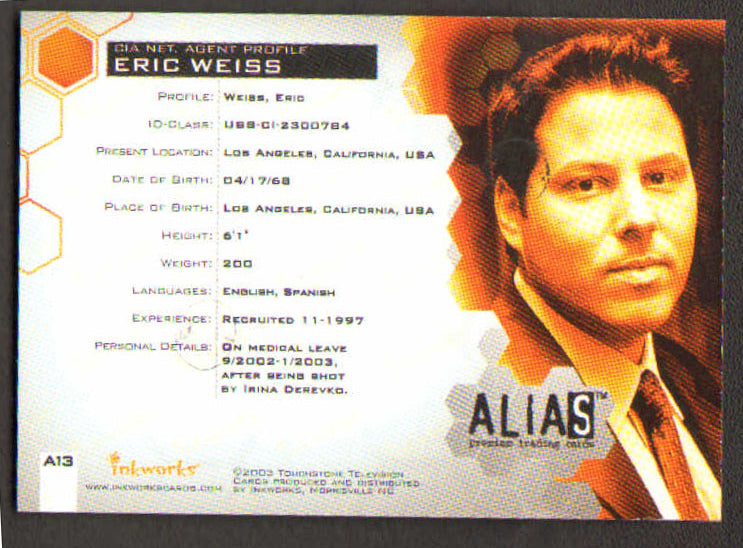 
                  
                    Alias Inkworks Trading Cards 9pc LOT Signed by Jennifer Garner, Bradley Cooper, Ron Rifkin, Michael Vartan, Carl Lumbly, Greg Grunberg, Kevin Weisman, Victor Garber, & David Anders
                  
                