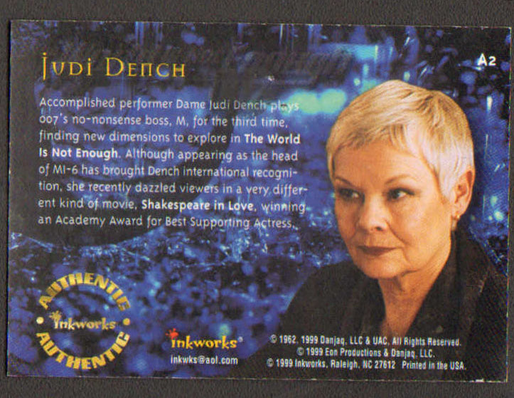 
                  
                    James Bond 007: The World Is Not Enough Inkworks Trading Cards 6pc LOT Signed by Judi Dench, Denise Richards, Samantha Bond, Goldie, Serena Scott Thomas, & Desmond Llewelyn
                  
                