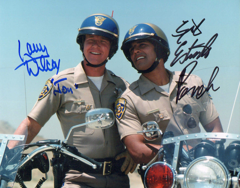Erik Estrada as Officer Frank Poncherello & Larry Wilcox as Officer Jon Baker in CHiPs Signed 8x10 Photo with Character Names