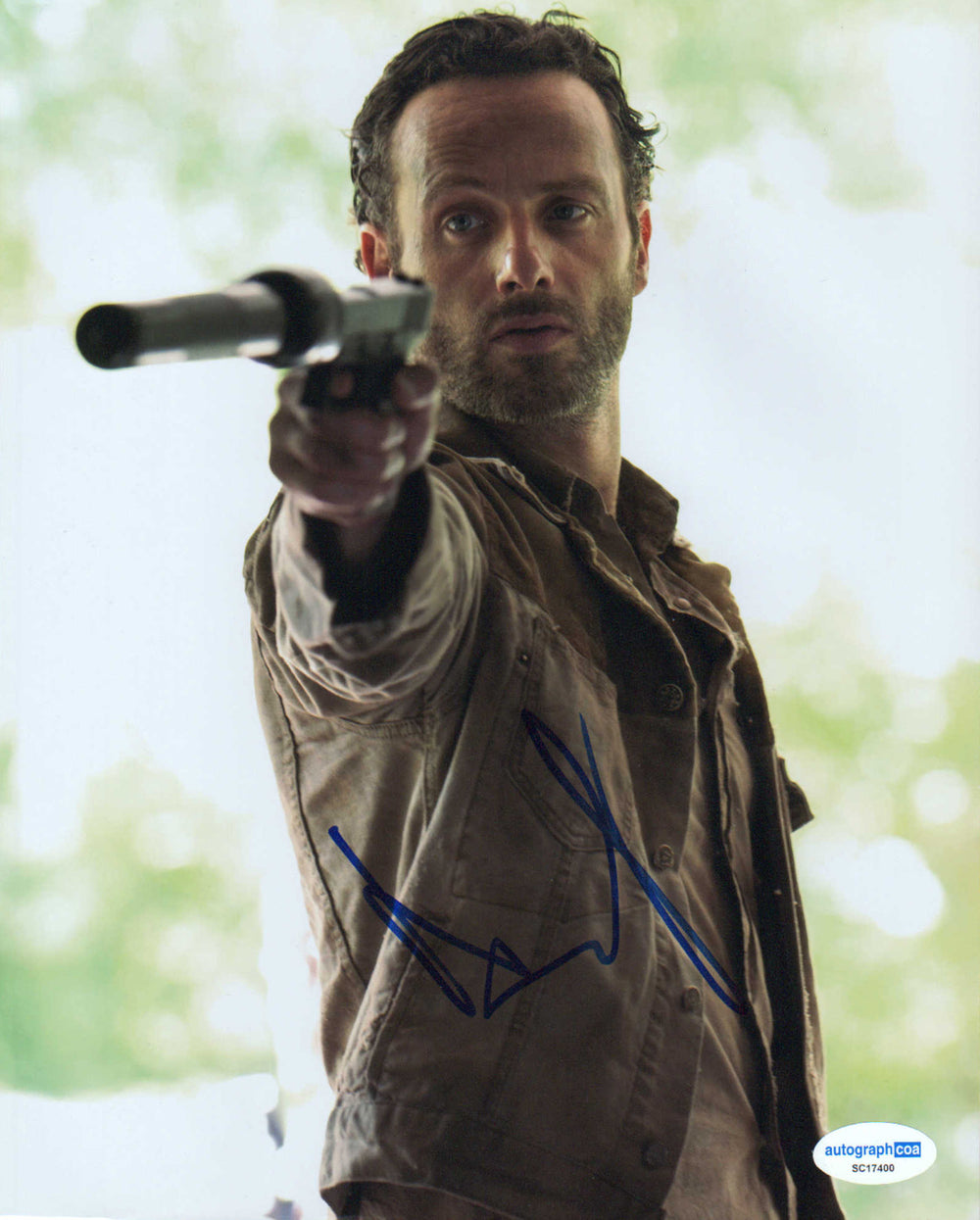 Andrew Lincoln as Rick Grimes Pointing Gun in The Walking Dead (ACOA) Signed 8x10 Photo