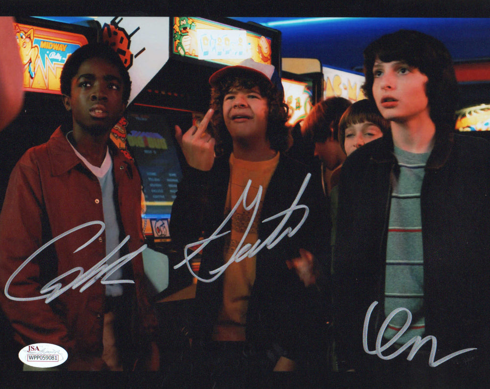 Finn Wolfhard as Mike Wheeler, Gaten Matarazzo as Dustin Henderson, and Caleb McLaughlin as Lucas Sinclair in Stranger Things (JSA) Signed 8x10 Photo