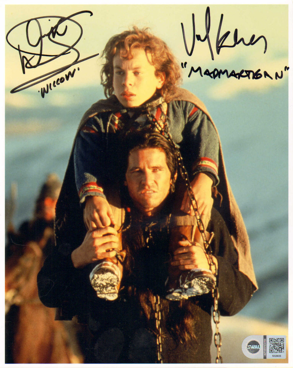 Warwick Davis as Willow & Val Kilmer as Madmartigan in Willow (SWAU) Signed 8x10 Photo with Character Names