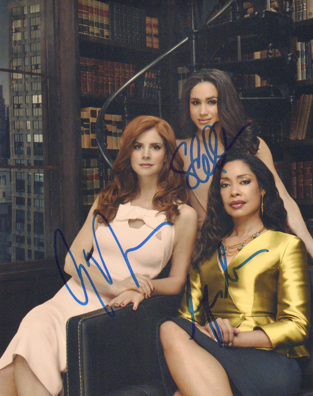 Meghan Markle Duchess of Sussex as Rachel Zane, Sarah Rafferty as Donna Paulsen, & Gina Torres as Jessica Pearson as in Suits Signed 8x10 Photo