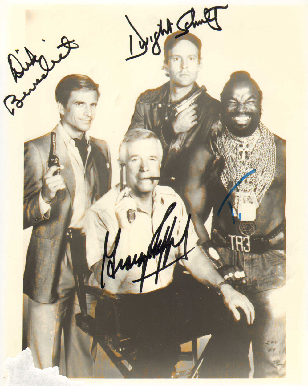 Mr. T as B. A. Baracus , Dirk Benedect as Templeton Peck, Dwight Schultz as Howling Mad Murdock & George Peppard as John 