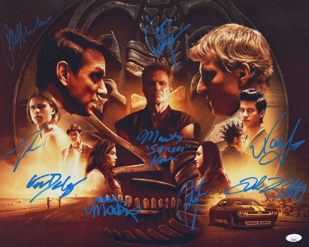 Cobra Kai (JSA) 16x20 Photo Cast Signed by Ralph Macchio, William Zabka, Mary Mouser, Yolo Mariduena, Jacob Bertrand, Peyton List, Gianni DeCenźo, Tanner Buchanan, and Martin Kove