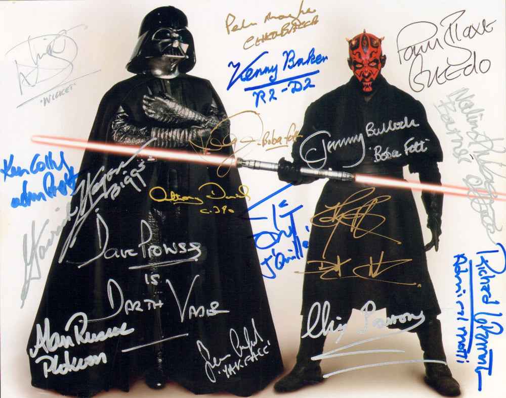 Darth Vader & Darth Maul from Star Wars (SWAU) 8x10 Photo Cast Signed by Warwick Davis, Jeremy Bulloch, Peter Mayhew, Kenny Baker, Daniel Logan, Garrick Haggon, Ray Park, Anthony Daniels, Dave Prowse, Paul Blake, Richard LeParmentier, & Others