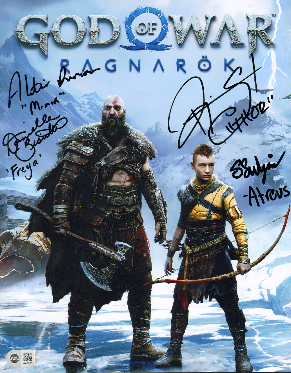 God of War: Ragnarok (SWAU) 11x14 Photo Cast Signed by Alastair Duncan,Danielle Bisutti, Ryan Hurst, & Sunny Suljic with Character Names