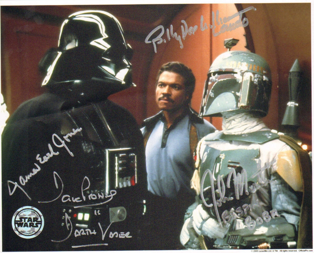 James Earl Jones & Dave Prowse as Darth Vader, John Morton as Bespin Boba, & Billy Dee Williams as Lando  in Star Wars: The Empire Strikes Back (Official Pix) Signed 8x10 Photo with Character Names