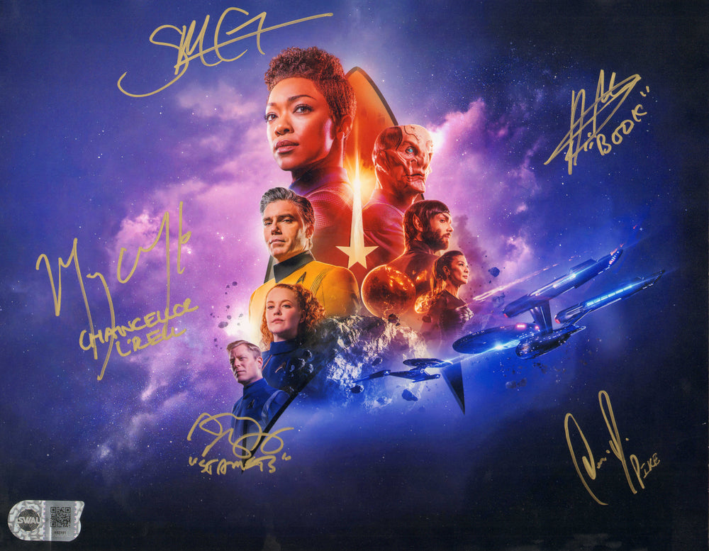 Star Trek: Discovery (SWAU) 11x14 Photo Cast Signed by Anson Mount, Anthony Rapp, David Ajala, Mary Chieffo, & Sonequa Martin-Green with Character Names