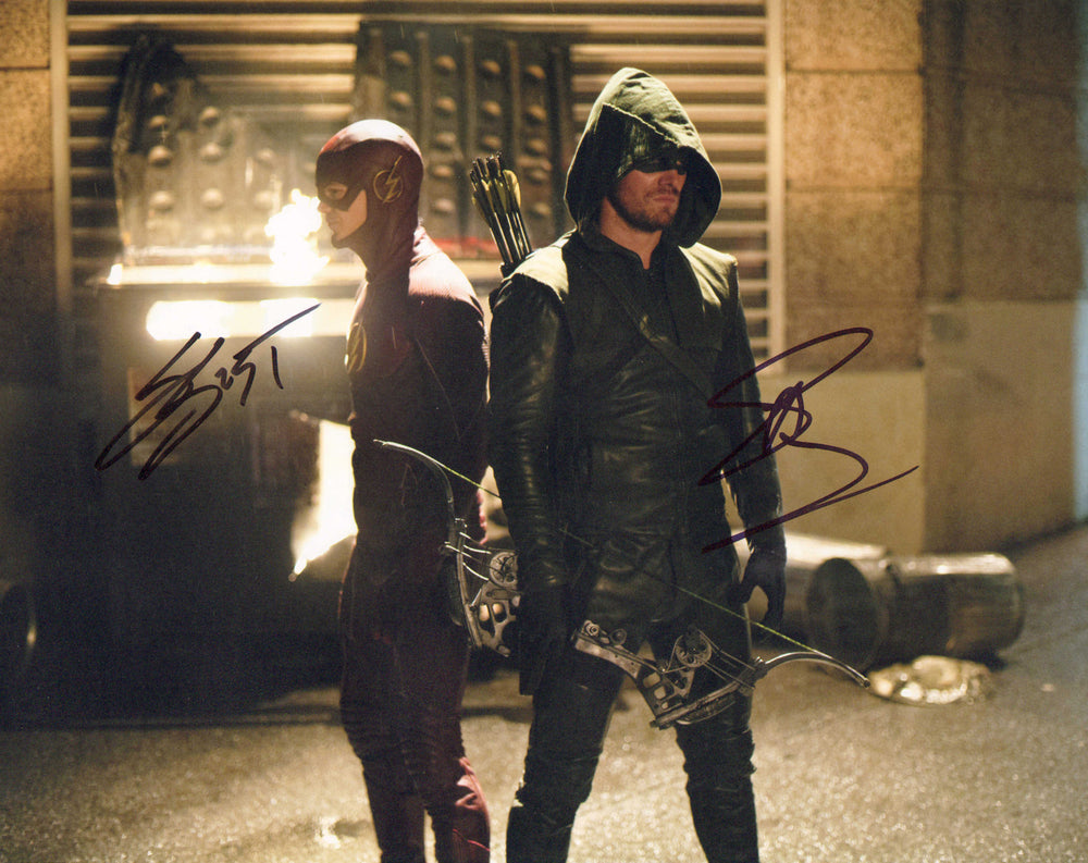 Grant Gustin as The Flash & Stephen Amell as Green Arrow in The CW's The Flash Signed 11x14 Photo