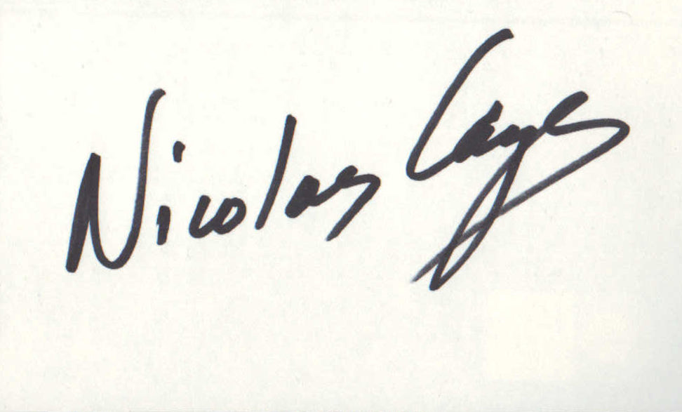 Nicolas Cage from The Rock, Face/Off, Ghost Rider, & Spider-Man: Into the Spider-Verse (SWAU Authenticated) Signed 5x3 Index Card