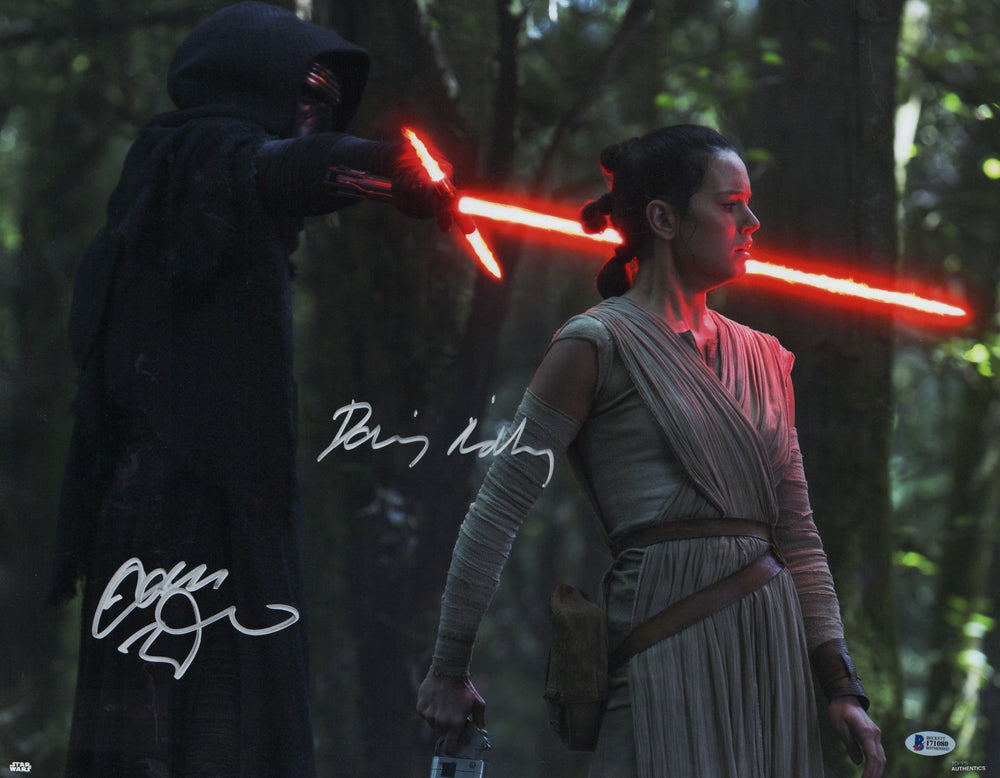 Daisy Ridley as Rey & Adam Driver as Kylo Ren in Star Wars: The Force Awakens (Beckett Witnessed) Signed 11x14 Photo