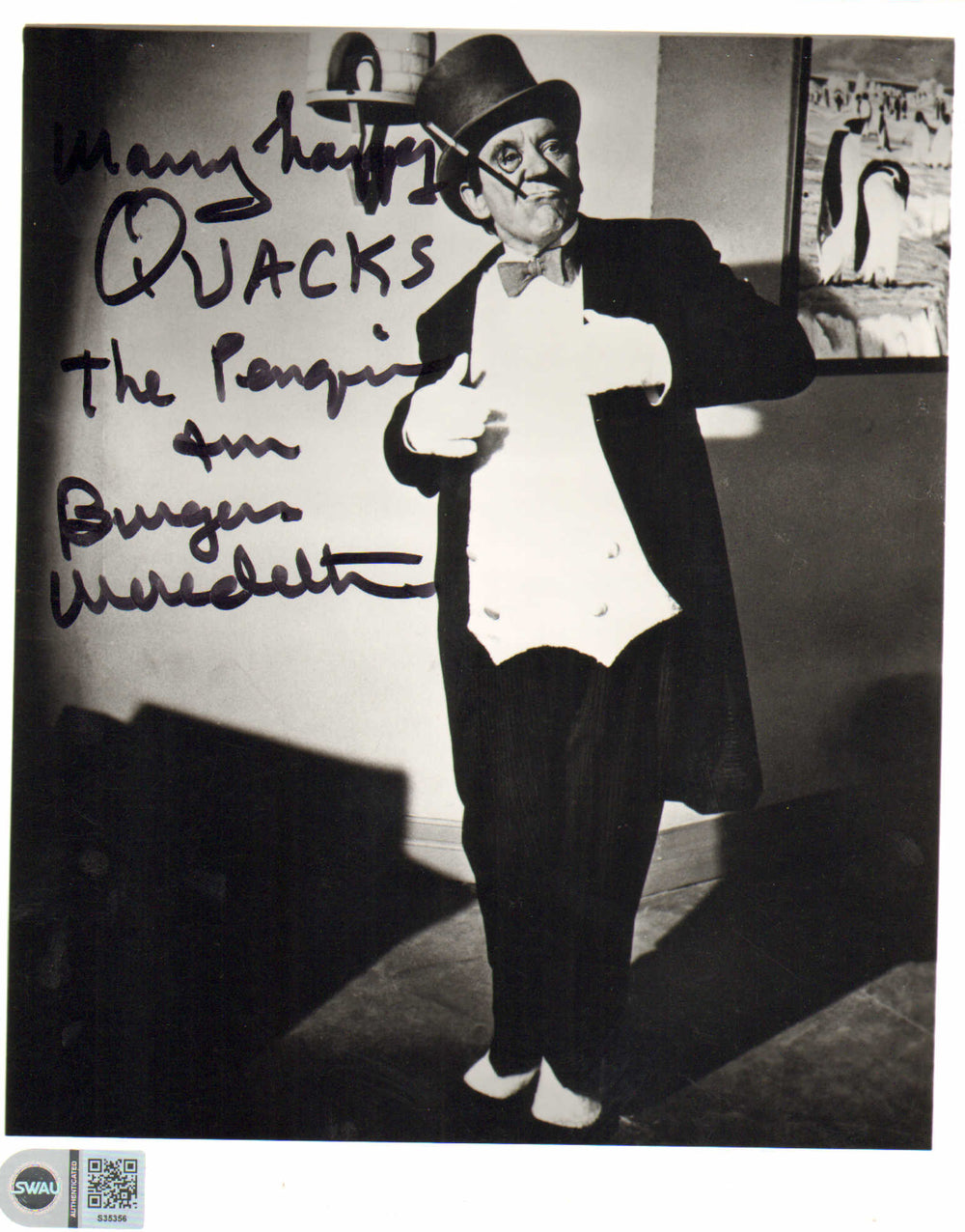 Burgess Meredith as The Penguin in Batman 1966 (SWAU) Signed 8x10 Photo with Character Name and Quote