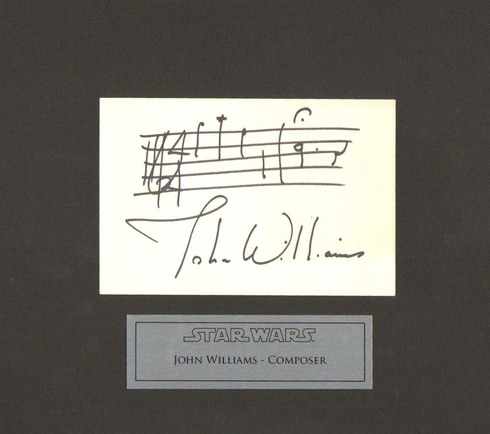 John Williams Composer Signed 4x6 Index Card Matted with Plaque and Rare AMQS Handwritten Musical Notes of the Close Encounters of the Third Kind Theme