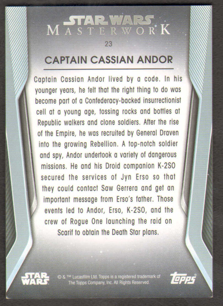 
                  
                    Diego Luna as Cassian Andor in Rogue One: A Star Wars Story Masterwork Topps Trading Card #23
                  
                