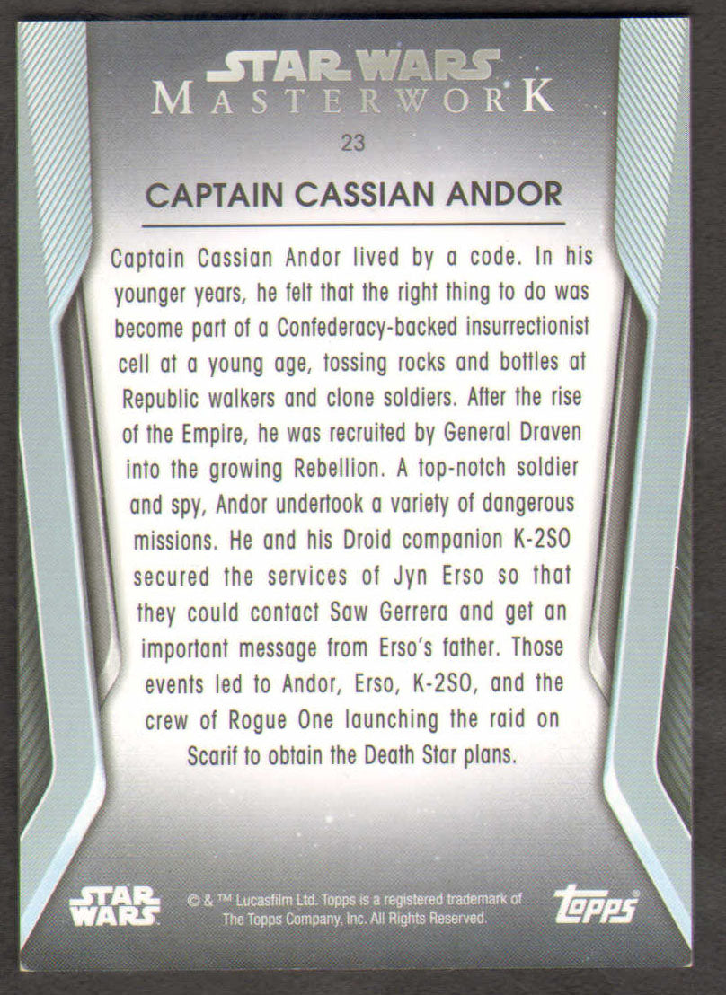 
                  
                    Diego Luna as Cassian Andor in Rogue One: A Star Wars Story Masterwork Topps Trading Card #23
                  
                
