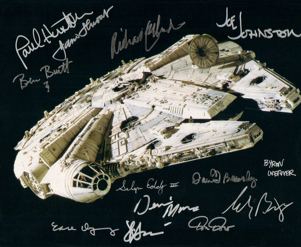 Star Wars: A New Hope Millennium Falcon 11x14 Metallic Photo Signed by ILM Visual Effects Artists: Paul Huston, Ben Burtt, Richard Edlund, Joe Johnston, Selwyn Eddy III, David Beasley, Byron Werner, & Others
