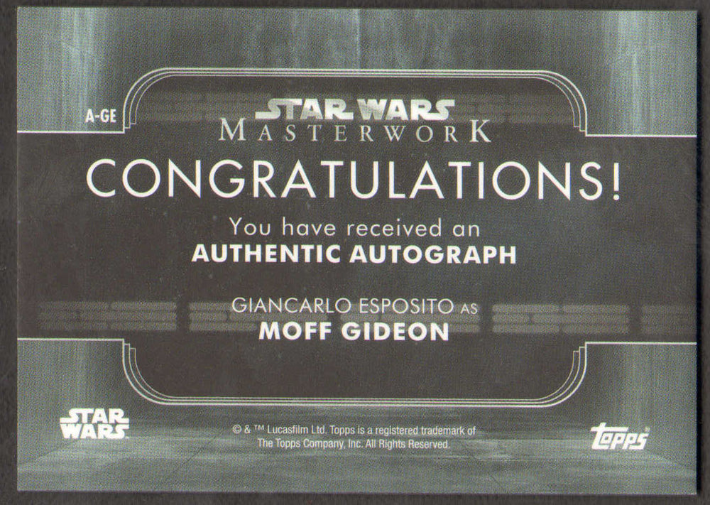 
                  
                    Giancarlo Esposito as Moff Gideon in Star Wars: The Mandaloiran Masterwork Topps Trading Card
                  
                