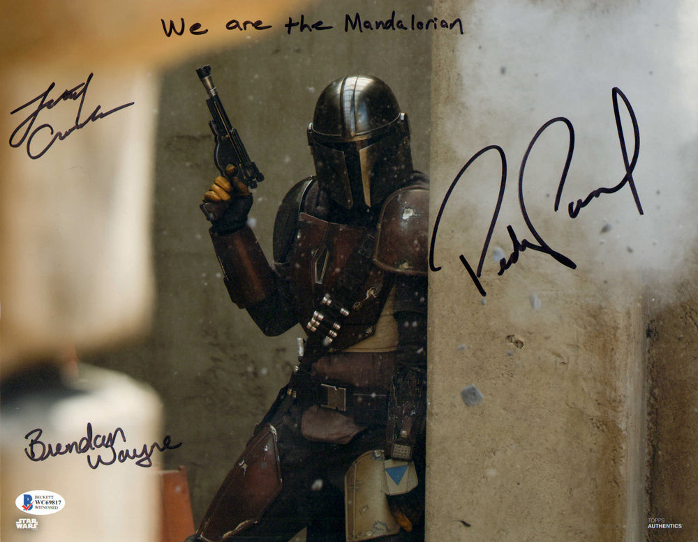 Pedro Pascal, Brendan Wayne, & Lateef Crowder as The Mandalorian in Star Wars: The Mandalorian (Beckett Witnessed) Signed 11x14 Photo with 